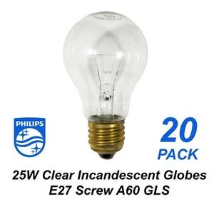 20 x Philips 25W Clear Light Globes Bulbs Lamps E27 Screw Incandescent A60 GLS - Picture 1 of 4
