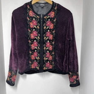 Icelandic Design Wool Blend Sz M Black/Eggplant  Floral Zip Cardigan - Picture 1 of 9