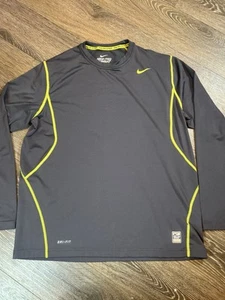 Nike Pro Combat Fitted Long Sleeve Dri-Fit Grey/ Neon Green Men's T-Shirt Sz XL - Picture 1 of 5