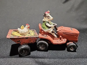 Christmas Cow Driving Farm Tractor / Trailer with a Chicken Resin Figurine - Picture 1 of 8