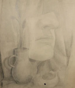Vintage original pencil drawing still life with sculpture - Picture 1 of 12