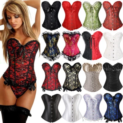 Women Sexy Overbust Boned Corset Burlesque Basque Tops Lace Up Costume 6-24 - Image 1 of 4