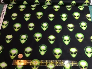 Alien FQ Sci Fi UFO Space Man Moon  Roswell Area 51 Neon Green Black Cotton. - Picture 1 of 10