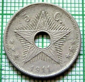 BELGIAN CONGO ALBERT I 1911 5 CENTIMES STAR HOLED colonial coinage km# 17 - Picture 1 of 6