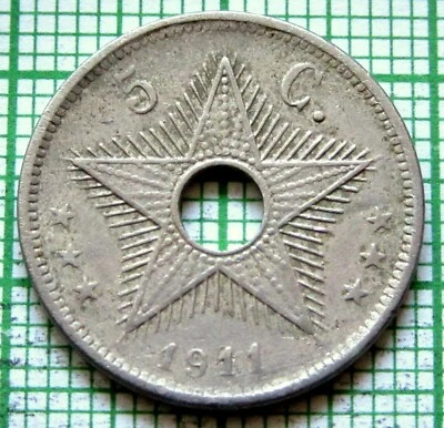 BELGIAN CONGO ALBERT I 1911 5 CENTIMES STAR HOLED colonial coinage km# 17 - Image 1 of 4