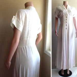 Vintage 1940s XS S Nightclub Gown Maxi Dress White Rayon Lace Rhinestone Buttons - Picture 1 of 16