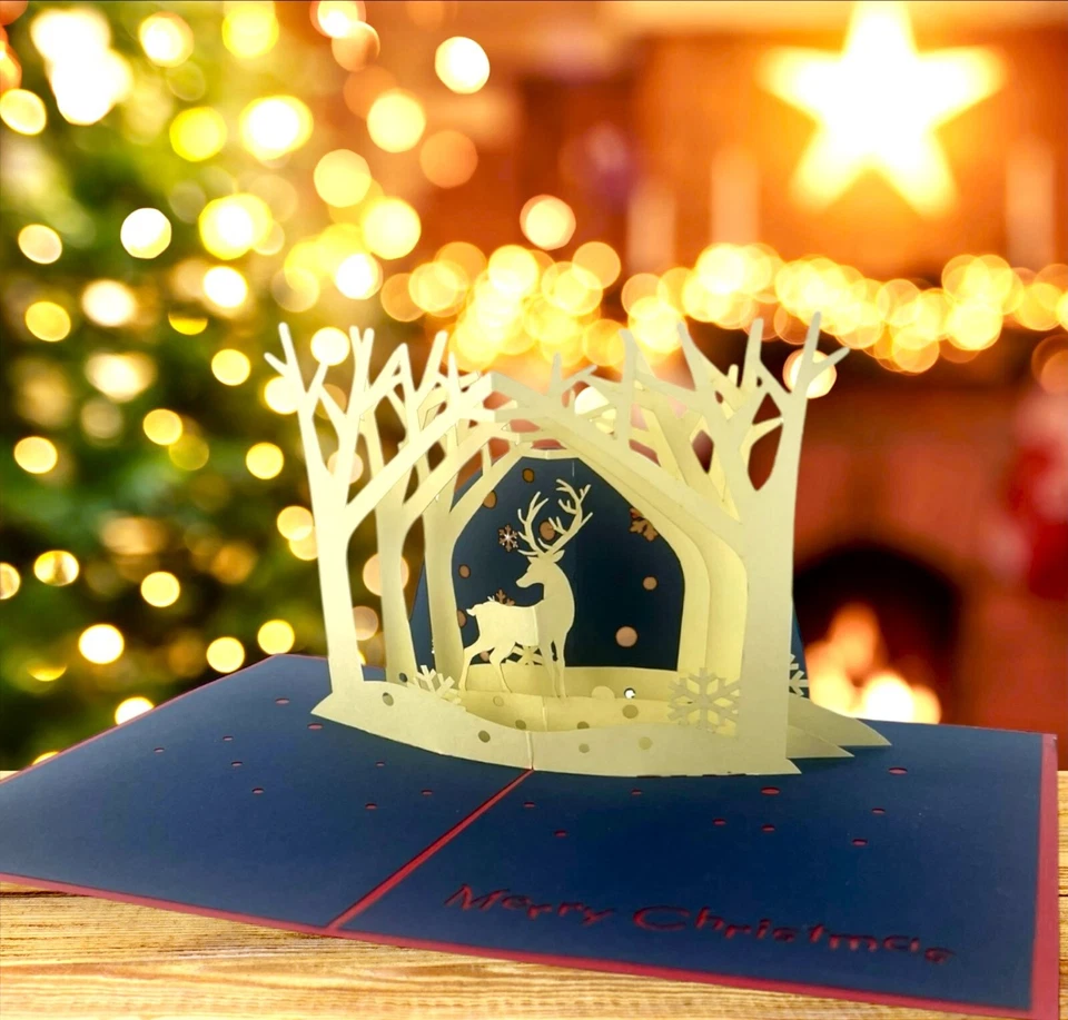 BC Worldwide Ltd 3D pop up Xmas card Merry Christmas reindeer forest snowflakes