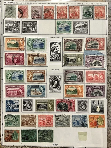 1800's-1950's TRINIDAD STAMPS LOT ON ALBUM PAGE, 1 SHILLING QUEEN ELIZABETH II Cover
