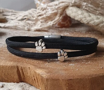 Armband Segeltau "Pfötchen" Hund Katze Schwarz + Magnetverschluss versilbert - Bild 1 von 2