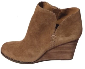LUCKY BRAND Womens Tan Side Zip Yimme Wood Wedge Zip-Up Suede Leather Boots 12 M - Picture 1 of 12