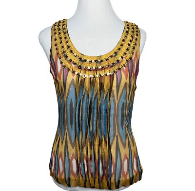 Tory Burch Silk Top Sz 4 Beaded Sequin Pleated Front Sleeveless Ikat Blouse - Image 1 of 4