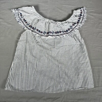 LOGG H&M One Shoulder Top Size 8 Linen Cotton White Blue Striped Embroidered - Image 1 of 4