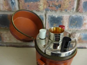 Botellas cromadas de viaje triple vintage en estuche de cuero real Art Deco caza - Imagen 1 de 13