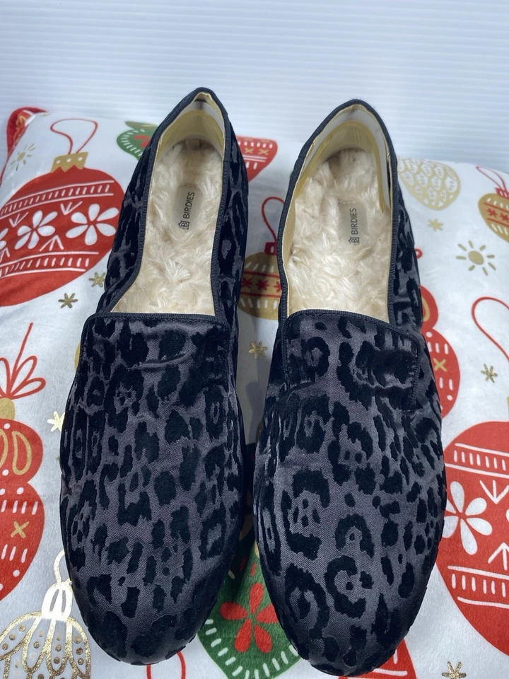 Zapatillas mocasines Birdies de terciopelo de leopardo negro forradas de piel sintética 9,5 para mujer Foto 1 de 4