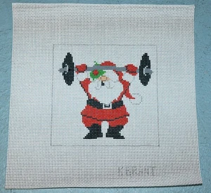 hand painted needlepoint canvas #18 weight lifting Santa workout - Picture 1 of 1