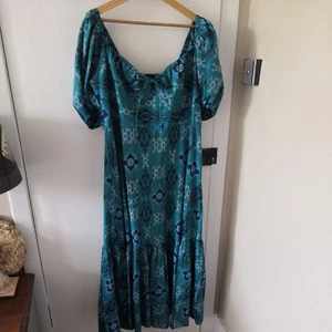 M&S WOMEN'S TEAL/BLUE MIX AZTEC PRINT TRADITIONAL STYLE MAXI COTTON SUMMER DRESS - Picture 1 of 19