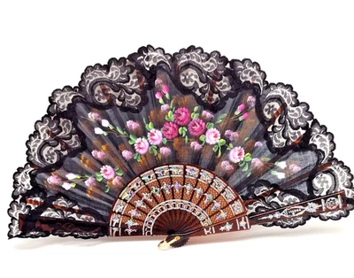 Vintage Black Lace Folding Fan Painted Floral Deign 18" Wide 114854 - Image 1 of 4
