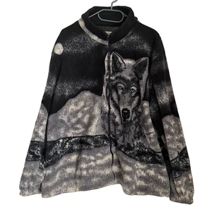 Damart Wolf Print Fleece Size 18/20 Vintage Black Grey Zip Up Jacket - Picture 1 of 13