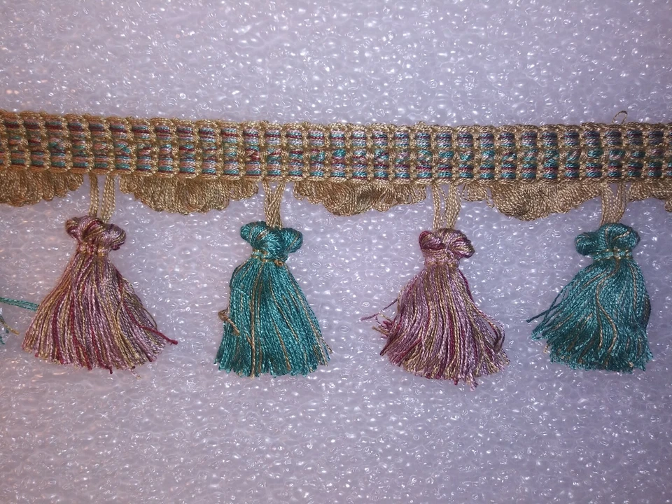 FRANJA BORLA 6 yardas 3" - verde azulado/malva/beige - tapicería cortina tela adorno  Foto 1 de 1