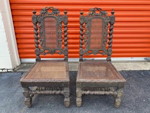 Antique 19th Century French Renaissance Carved Walnut Barley Twist Cane Chairs Cover