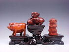 3 Japanese Boxwood Hand Carved *Pig/Piggy* Netsuke w/ Wooden Stand #01041915