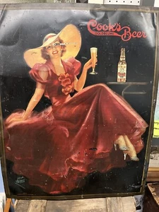 EARLY 1938 28 x 22 COOK'S GOLDBLUME BEER TIN LITHO SIGN-GRAPHIC Woman & Bottles - Picture 1 of 11
