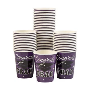 Purple Graduation Party Congrats Grad & Cap Paper Cups Bulk 50 Pc - Picture 1 of 1