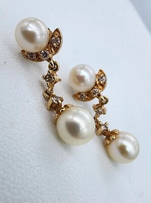 14k .585 Gold Luna 7mm & 6mm Cultured Pearl .2 ctw Diamond Earrings Au 2481 - Image 1 of 4