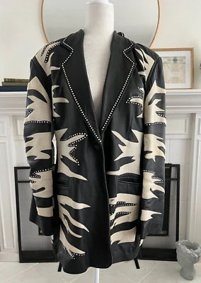 VTG KIPPYS Black Leather Jacket Blazer Cowhide Swarovski Crystal Trim  Sz L/XL - Image 1 of 4