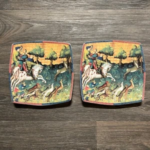 2 Italien Caccia 8,5" Quadrat Teller Die Jagd Italienische Keramik Rustikales Dekor Mittelalter - Bild 1 von 7