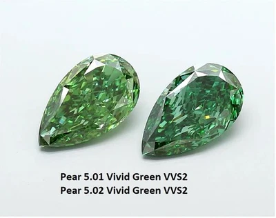 Pear 10 TCW Lab Grown Diamond Pair Fancy Vivid Green VVS2 IGI Certified - Image 1 of 4