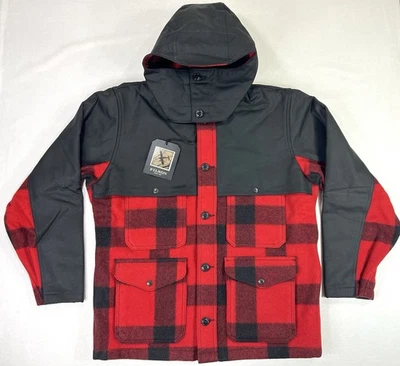Filson Mackinaw Wool Double Coat Removable Hood Red Black Tin Cloth Mens Large - Image 1 of 4