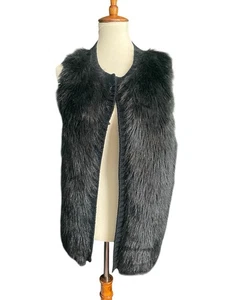 Eyeshadow Faux Fur Knit Vest Women's Size L Black Open Front Retro Boho Soft - Picture 1 of 6
