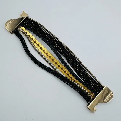 Victoria Emerson Multi Strand Wrap Bracelet Black Gold Beads Rhinestones Leather - Image 1 of 4