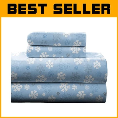 Flannel Sheet Set for Queen Beds - Snow Flakes Design, Double Brushed Cotton - Image 1 of 4