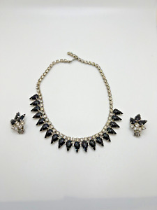Vintage Rhinestone, Silver, Black Stone Necklace & Clip Earring Set