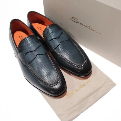 Mocassim Santoni novo com etiquetas tamanho 9 EUA 10 em couro azul feito na Itália - Imagem 1 de 4