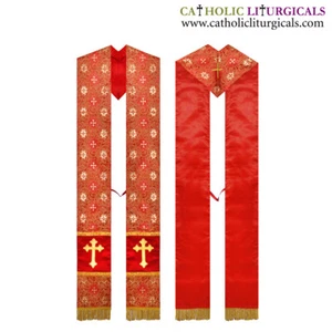 NEW Metallic Red V-Cut Priest Stole, V-Cut Priest Stole with Cross Embroidery - Picture 1 of 1