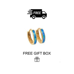 14k Yellow Gold One Row Dark Blue Opal Huggie Hoop Earrings - Picture 1 of 1
