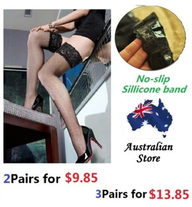 Sexy Ladies Lace Top Non-slip Thigh High Fishnet Stockings Hold-ups Pull Stay up - Picture 1 of 7