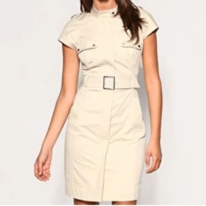 Karen Millen Safari Tailored Mini Sheath Dress Beige Size 8 Fitted Belted - Picture 1 of 10