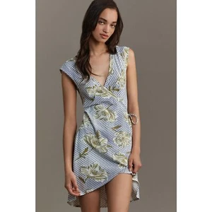 NWT ANTHROPOLOGIE Daily Practice Blue Green Floral Wrap Mini Dress Small Petite - Picture 1 of 10
