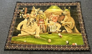 VINTAGE Dogs Playing Pool BILLIARDS Wall Rug Velvet Tapestry 39″ x 53” - Picture 1 of 6