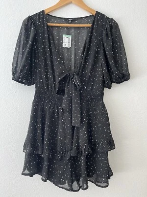Papaya Romper Womens /M/ Black With Stars Ruffle Hem Short Sleeve Tie Front - Image 1 of 3