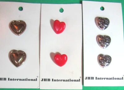 (7) JHB 5/8"-3/4" GOLD RED SILVER HEART-SHAPED PLASTIC BUTTONS 3-CARD LOT-J2 - Image 1 of 3