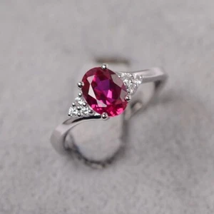 Pink Ruby 925 Sterling Silver Women Ring Lab Created Gemstone Minimal Ring - Picture 1 of 5