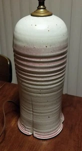 Ceramic Pottery Vintage Table Lamp Cream Pink Stripes Stamped Signed Zig Zag - Picture 1 of 11