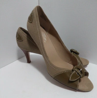 Worthington Shoes Womens 8.5 Beige Linen Leather Open Toe Pumps 2.75" Heel Fancy - Image 1 of 4