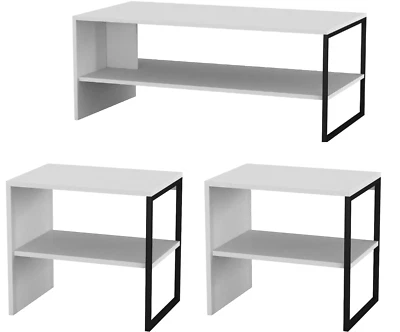 Wooden Tea Table & 2 Side Tables Nightstand White 3pc Living Room Furniture Set - Image 1 of 4