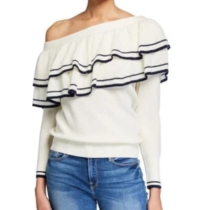 FRAME ONE SHOULDER WOOL RUFFLE SWEATER STRIPE Size Large Preppy Ivory Blue - Picture 1 of 8